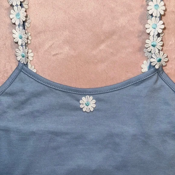 ROMWE Blue Daisy Embroidered Feminine Floral Straps Cropped Cami, Size XS - Picture 5 of 9